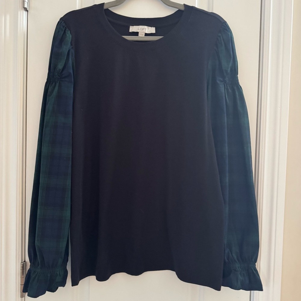 Loft Holiday Plaid Puff Balloon Ruffle Sleeve Comfy Relaxed Blue Green Black Top - Picture 3 of 8